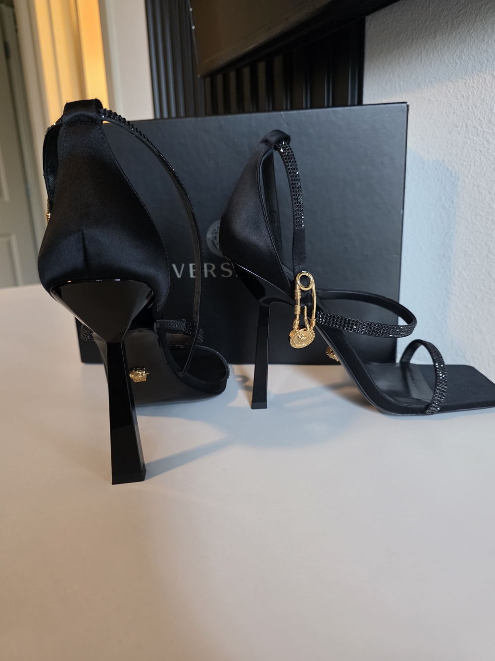 Versace Black Satin Crystal Strap High Heel Sandals with Gold Medusa Charm